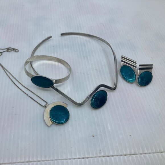 Vtg '80 modernist minimalist enamel JPA silver 925 necklace earrings bracelet - Picture 1 of 2